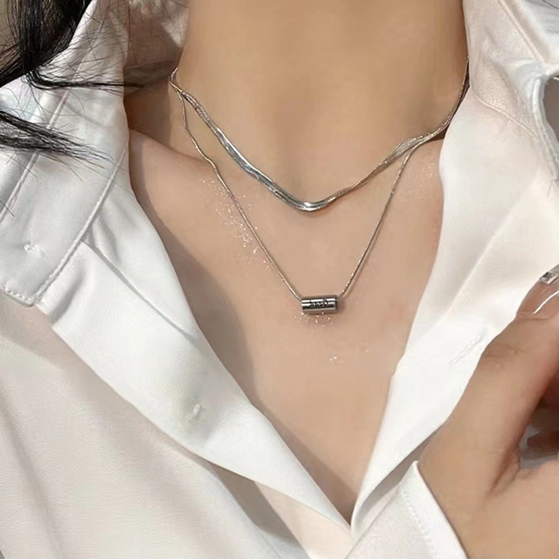 Women Men Titanium Steel Necklace Double Layered Pendant Necklace
