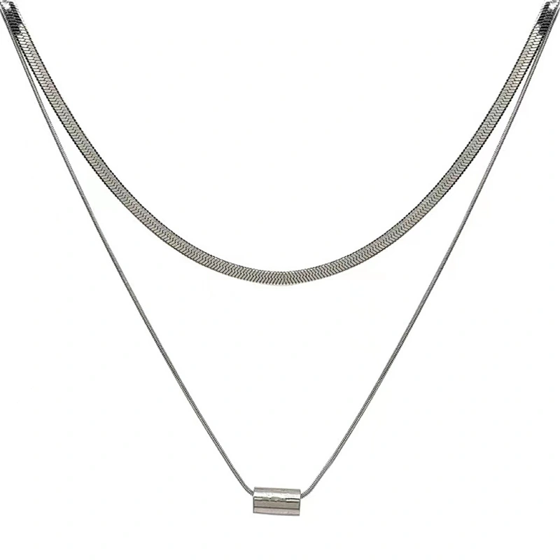 Women Men Titanium Steel Necklace Double Layered Pendant Necklace