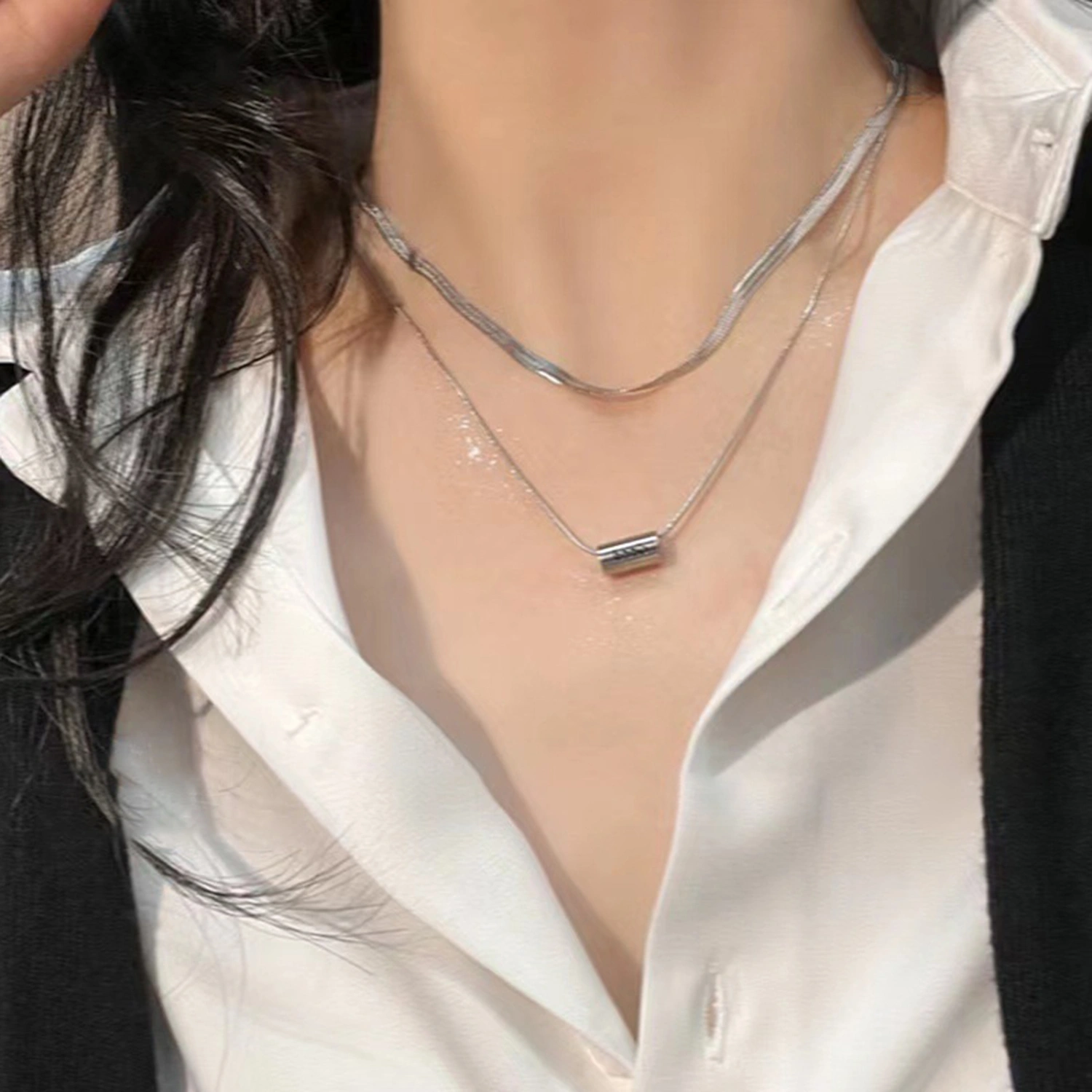 Women Men Titanium Steel Necklace Double Layered Pendant Necklace