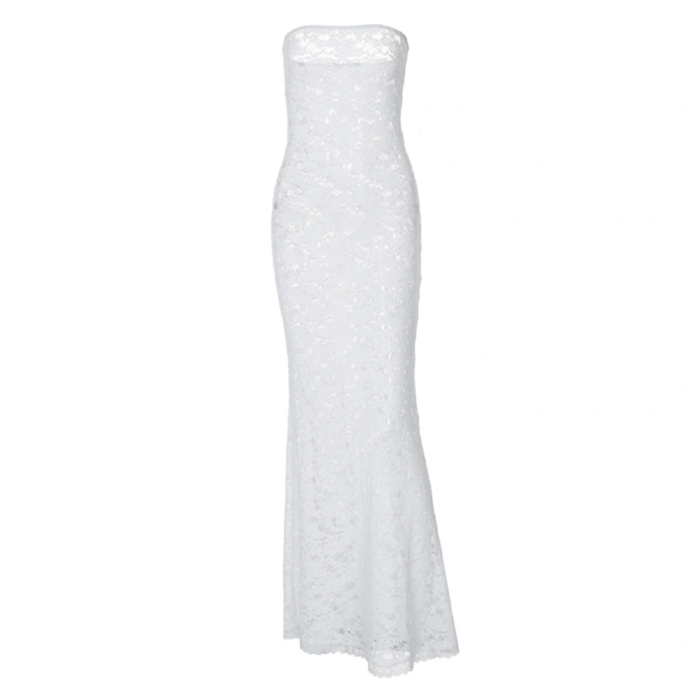 Women’s See-Through Lace Dress Strapless Boat Neck Slim Long Dress 