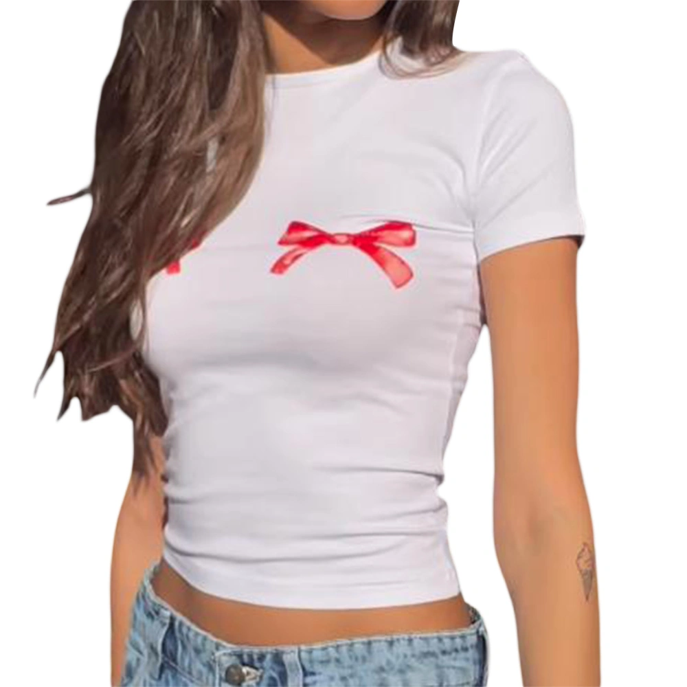 Women Short Tops Short Sleeve Wine Cup/Cherry/Bow Print Baby Tees