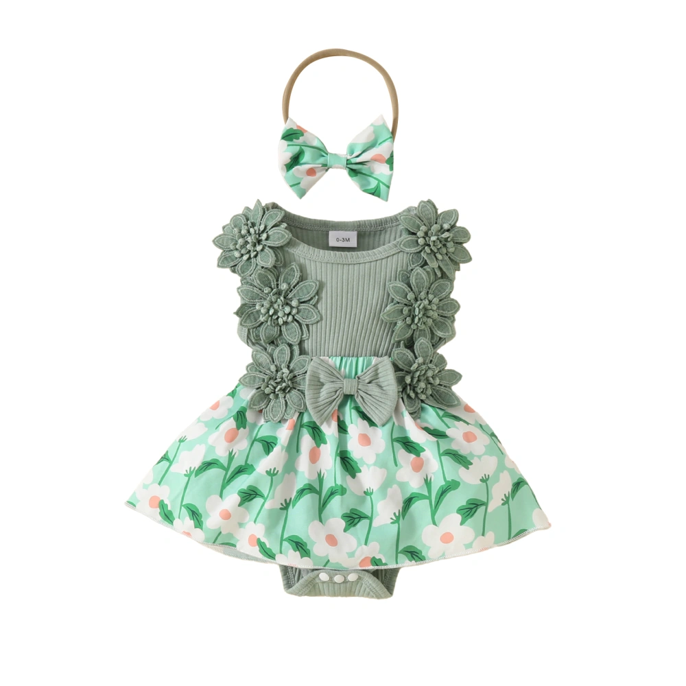 Baby Girl Set, 3D Flower Sleeveless Ribbed Romper Dress Bow Headband 