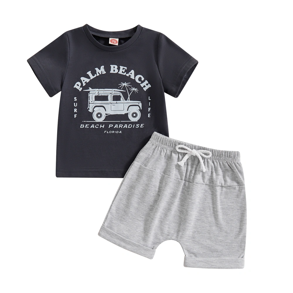 Boys Shorts Set, Short Sleeve Letters Car Print T-shirt with Shorts