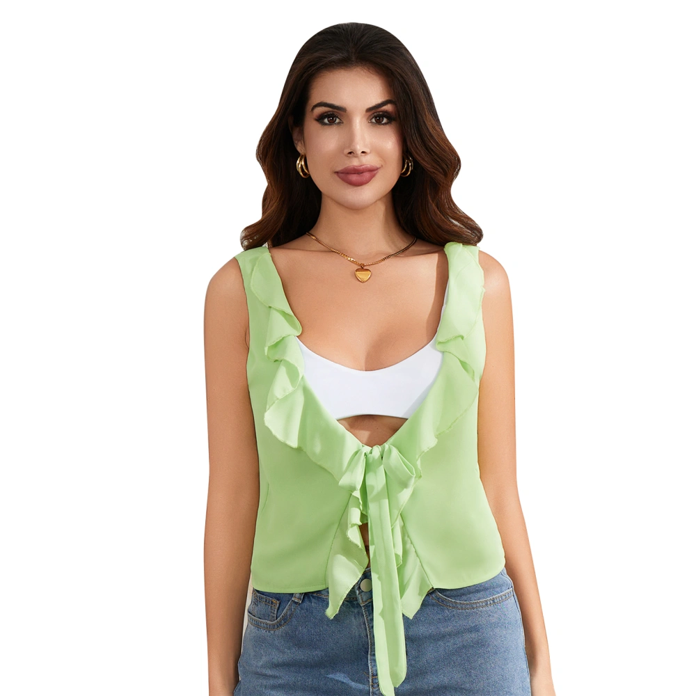 Women Solid Color Tank Tops Ruffles V-Neck Tie-Up Sleeveless Vests