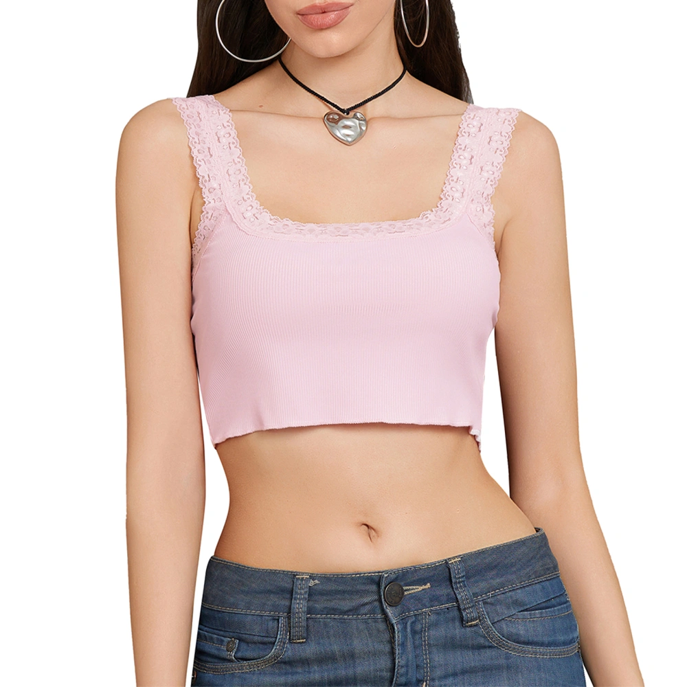 Women's Summer Crop Tank Tops Lace Trim U-Neck Show Navel Vest