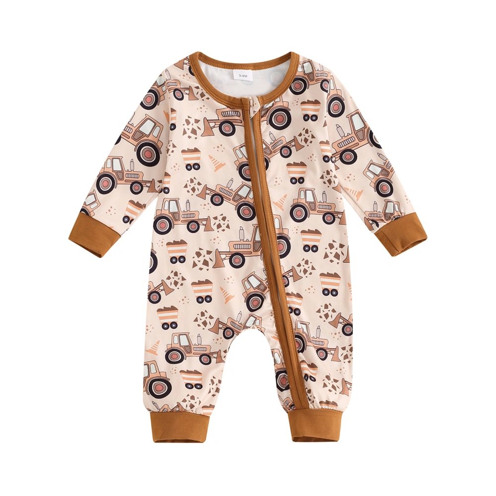 Baby Girls Boys Romper Tractor Print Zip-Up Long Sleeve Jumpsuit 