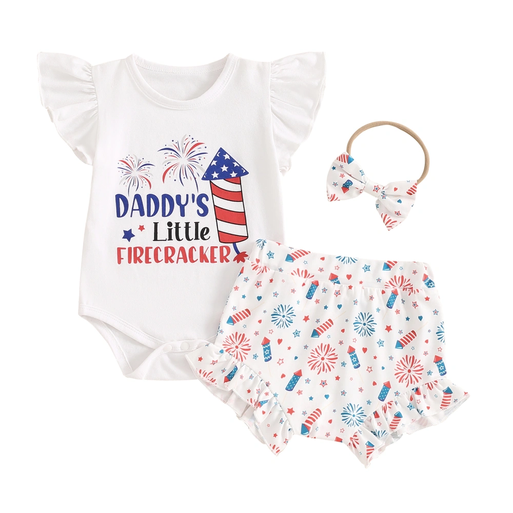 Baby Girl 4th of July Outfit Flying Sleeve Romper Shorts Headband 