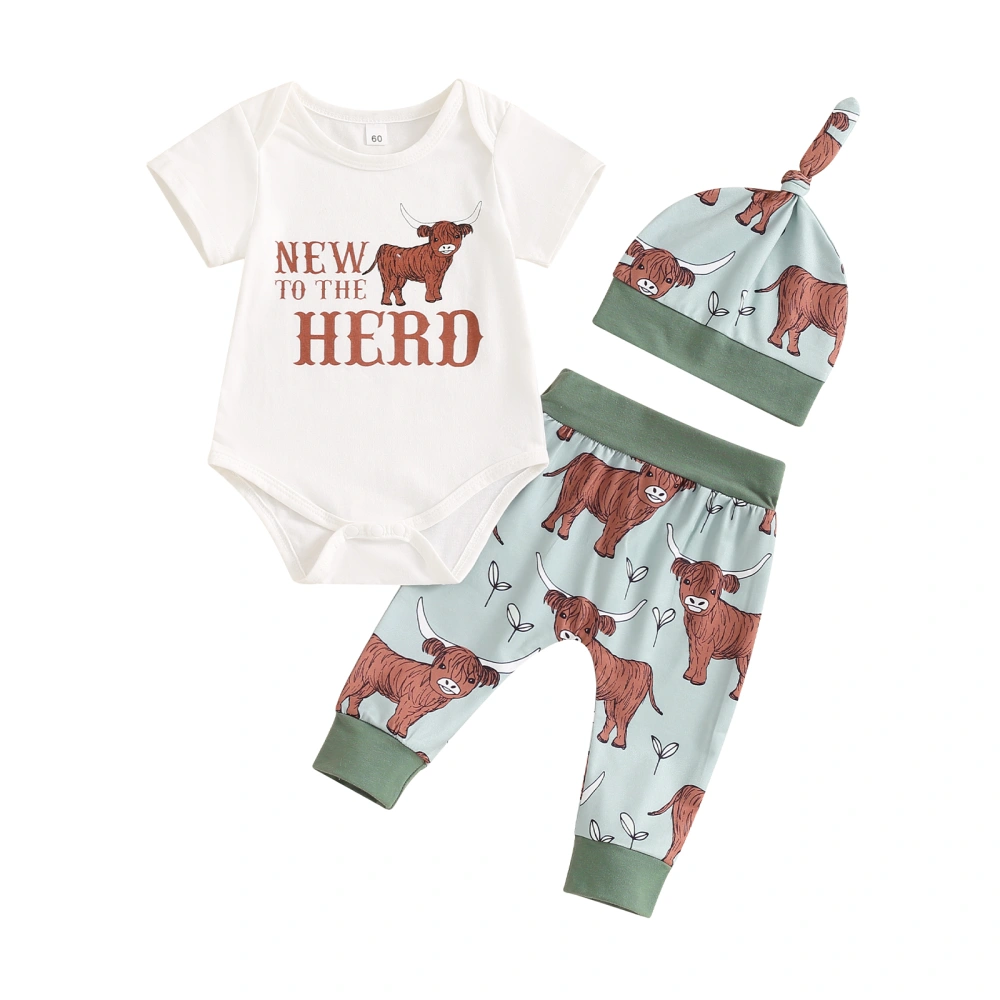 Baby Boy 3 Piece Outfit, Cattle Print Short Sleeve Romper Pants Hat 