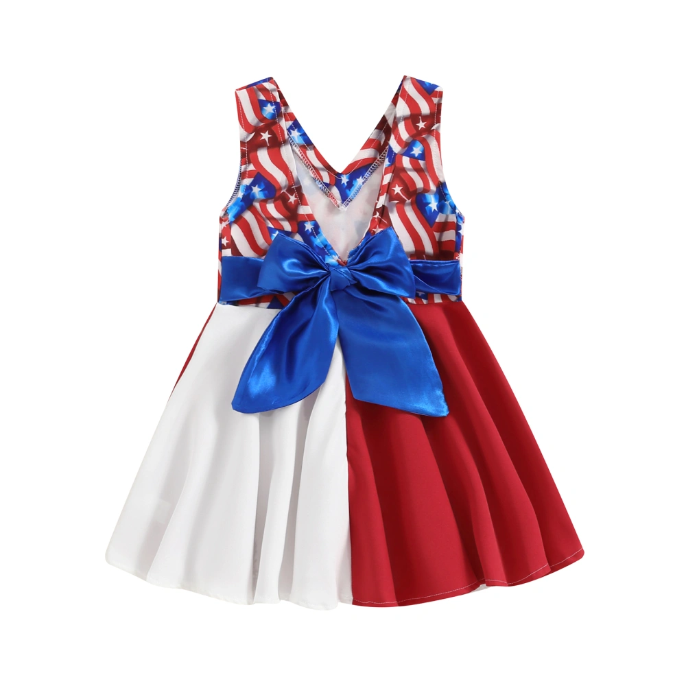 Girls 4th of July Dress Sleeveless V Neck Stars Stripes Print Dress