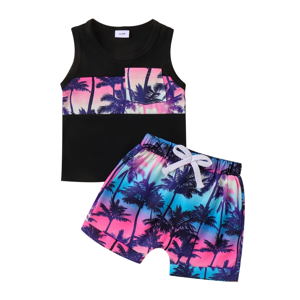 2-Piece Unisex Shorts Set Tropical Print Tops Drawstring Shorts Outfit