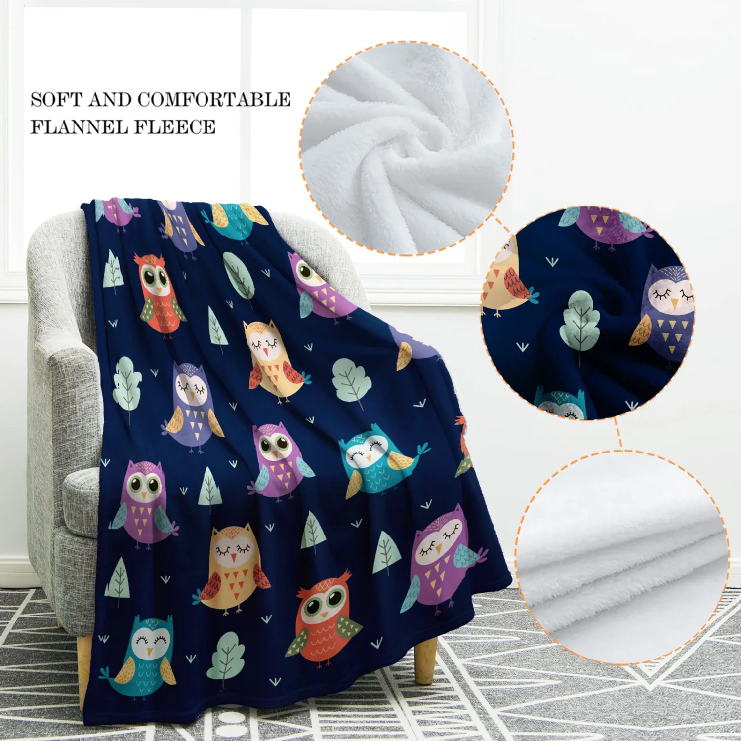 Jekeno Owl Blanket Gifts for Women Kids Girls Home Bedroom Living Room Decor Soft Cozy Lightweight Throw Blankets Navy Blue 60"x80"