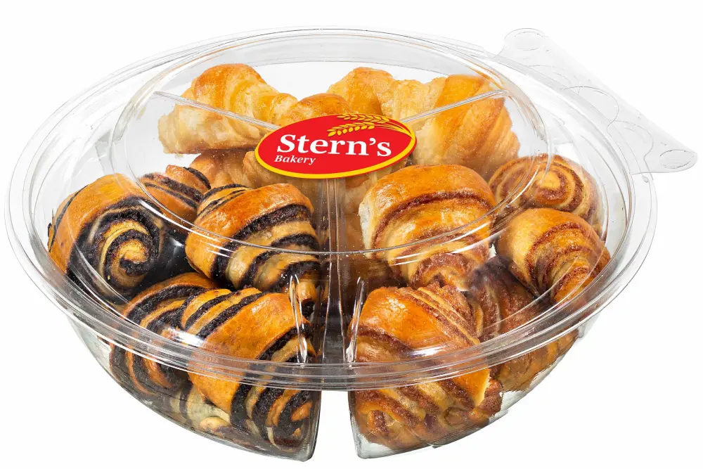 Bakery Fresh Croissants | Traditional Rugelach Pastries in Chocolate Cinnamon Roll & Vanilla Flavor | Approx 18 Rugelach Included | Sympathy Gift Basket | Kosher & Nut Free | 21 oz Stern’s Bakery