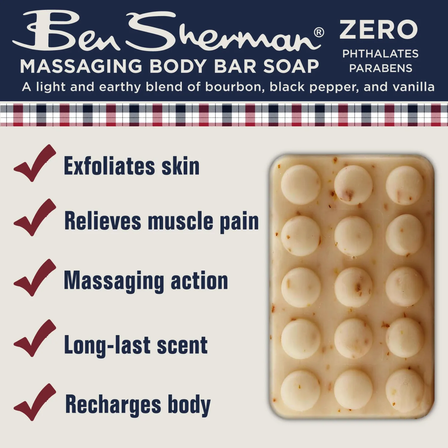 Ben Sherman Bar Soap for Men Massaging Men's Bar Soap, Exfoliating Body Soap Bars – Bourbon & Vanilla