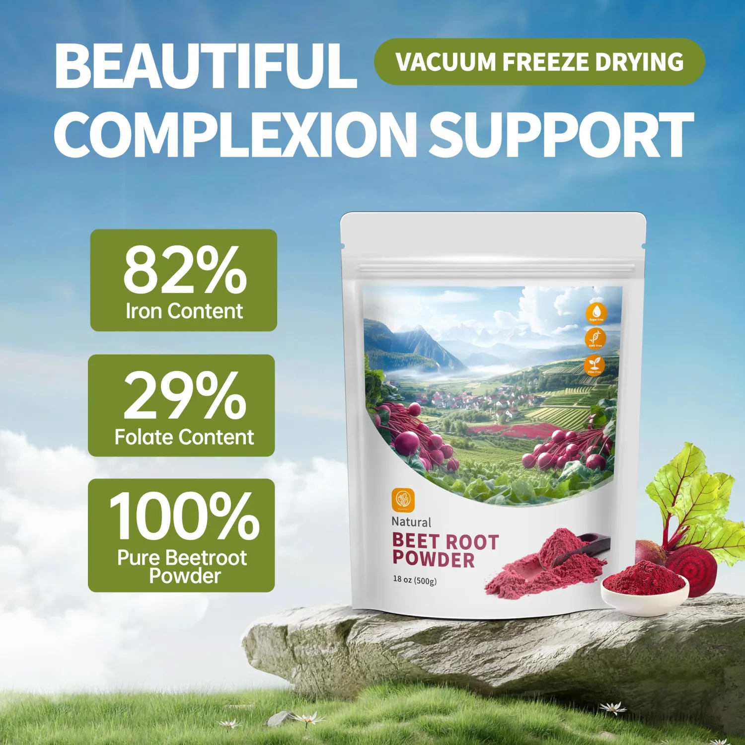 Beetroot Powder 100% Pure with 18 oz - Freeze Dried Supports Liver Function & Body Energy, Keep Youth, Non-GMO, Vegan.
