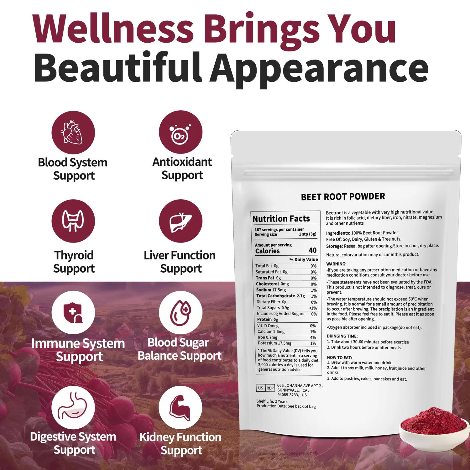 Beetroot Powder 100% Pure with 18 oz - Freeze Dried Supports Liver Function & Body Energy, Keep Youth, Non-GMO, Vegan.