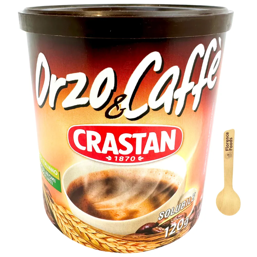 Crastan 1870 Instant Barley Coffee 4.2 oz. (120g) Roasted Ground Barley with Coffee - Orzo - Mugicha, Boricha, Damaicha, Cevada - Orzo Solubile from Italy - Barley Tea Beverage - Grain Coffee Substitute - Bundle with Spoon by Florence Foods