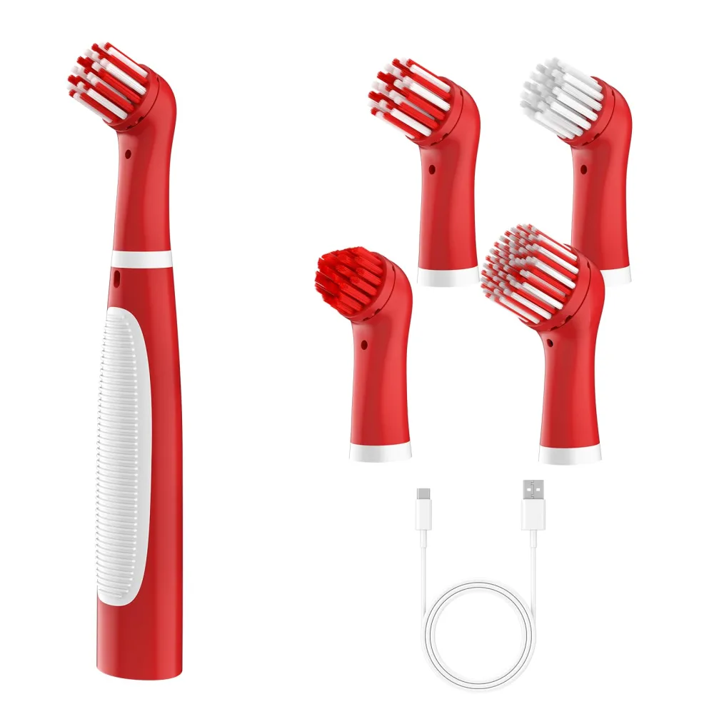 SOARING Rechargeable Electric Cleaning Brush with 4 in 1 Multiple Brush Heads,Indoor Household Cordless Motorized Brush for Bathroom Toilet Kitchen Tile Crevice (White & Red)