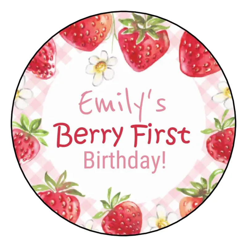 12 Pcs Personalized Strawberry Stickers, Party Favor Labels, Birthday, Tags, 2.5", Goody Bag Stickers, Stamps, Sticker for packages Gifts Decorations, Kids Birthday, 1st, First Birthday, Strawberries