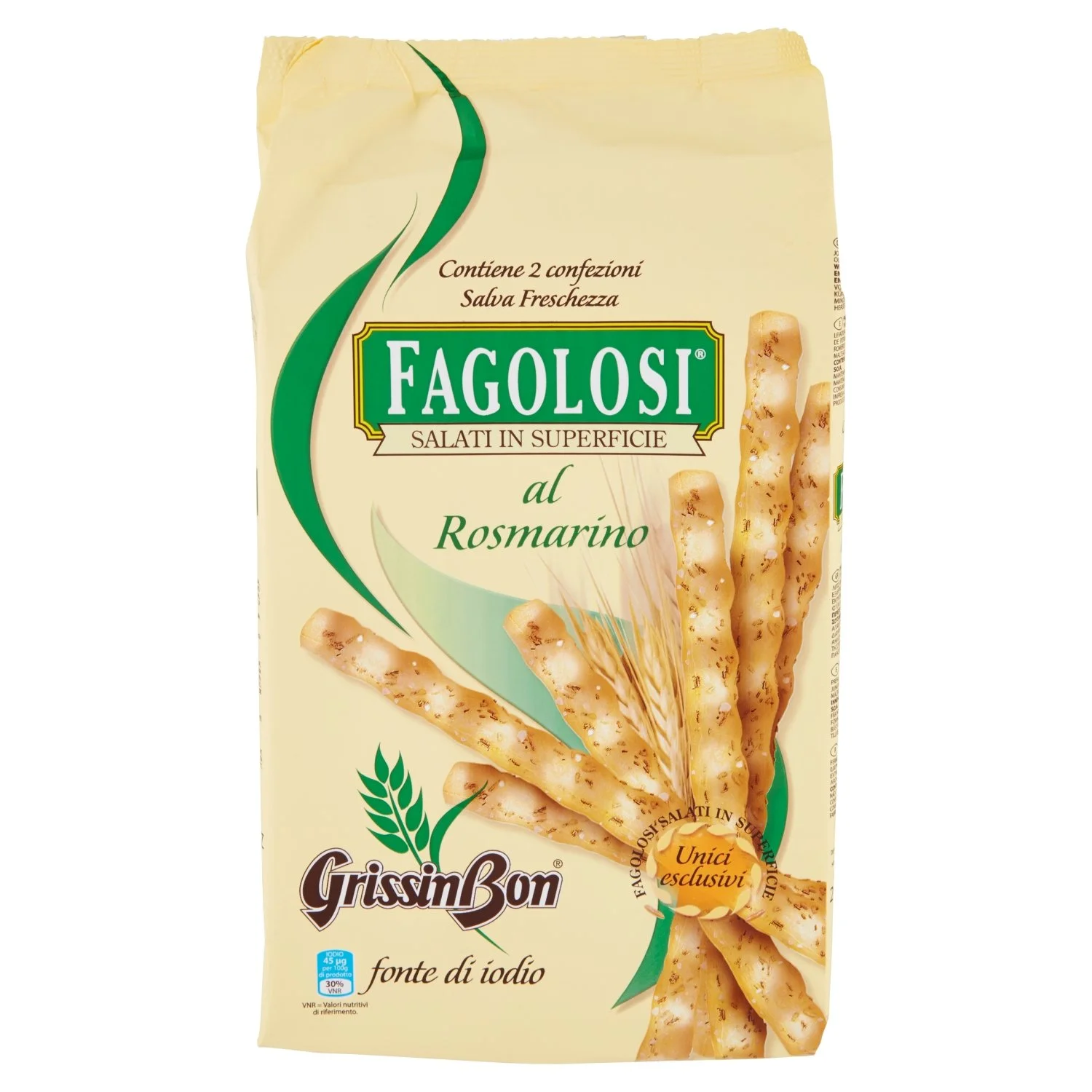 Grissin Bon: "Fagolosi" Salted Italian Breadsticks, Rosemary Taste - 8.45oz(250g) Packages (Pack of 2)