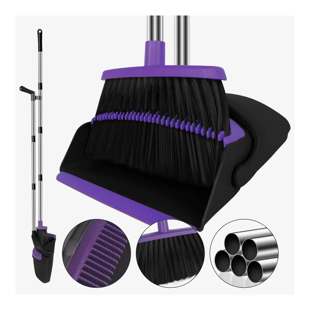 Broom with Dustpan Combo Set, 51" Household Dustpans and Broom, Standing Dustpan with Broom for Home, Purple Broom Dustpan Set for Kitchen Lobby Indoor Outdoor