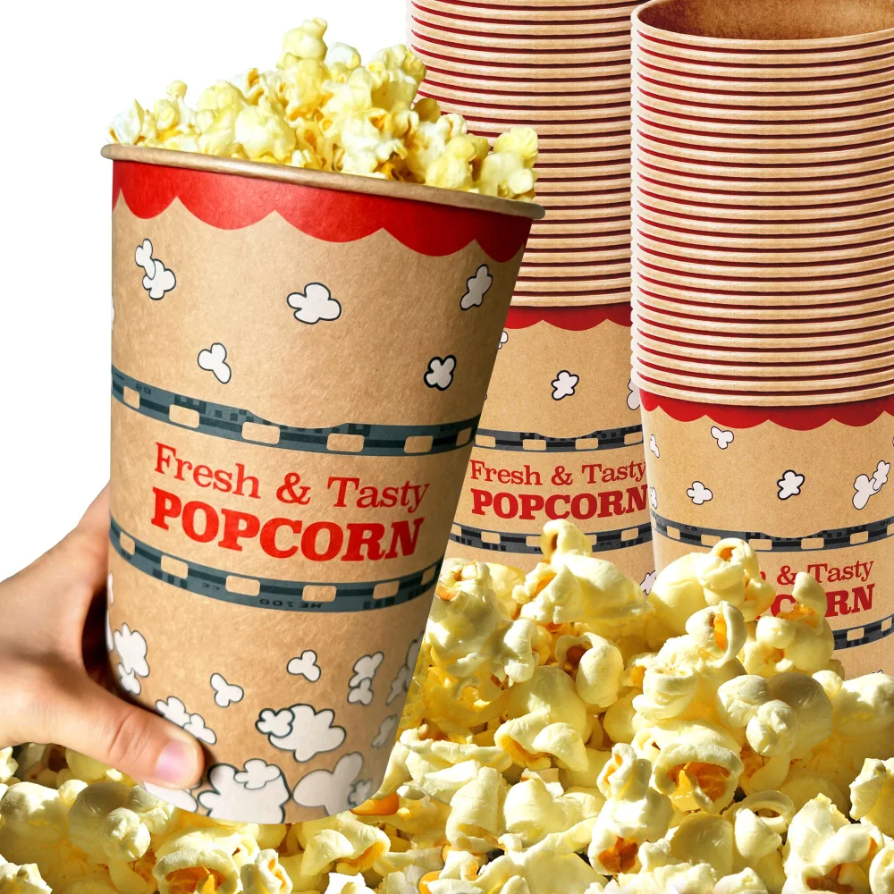 CUSINIUM [64 oz] 50-pack Kraft Popcorn Buckets - Large Popcorn Tubs