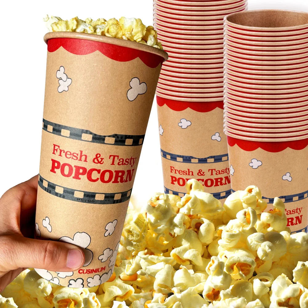 CUSINIUM [24 oz] 50-pack Kraft Popcorn Buckets - Large Popcorn Tubs