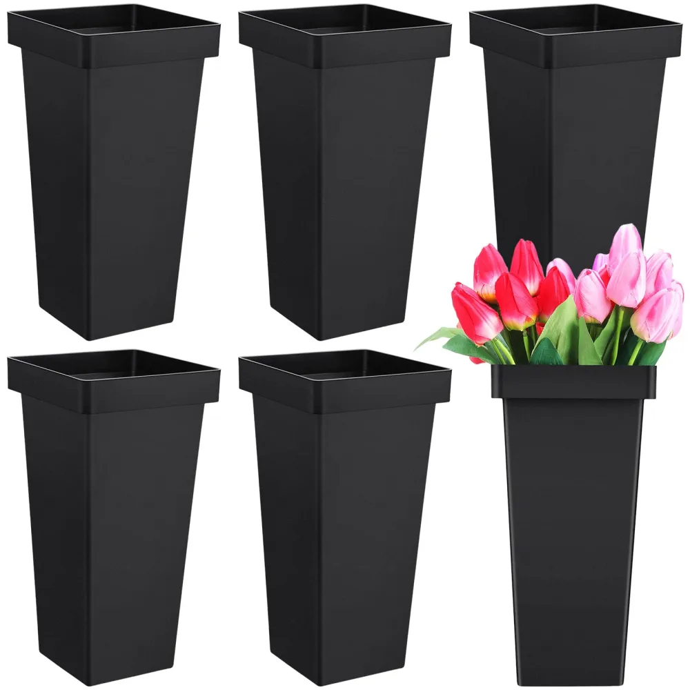 6 Pcs Flower Buckets 13.4 Inch Plastic Floral Bucket for Cut Flowers Modern Square Vases for Centerpieces Display Decorative Plastic Vases for Table Home Wedding Decorations (Black)