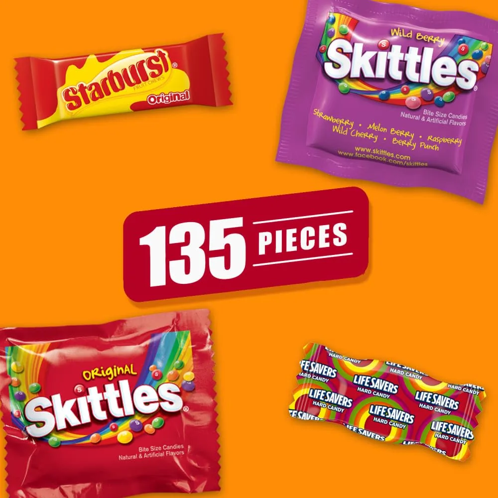 SKITTLES, STARBURST & LIFE SAVERS Fun Size Fruity Halloween Candy Assortment, 135 Ct Bulk Bag
