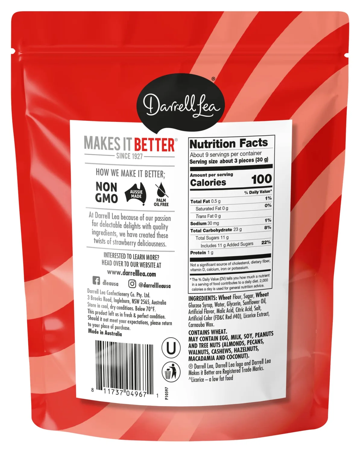 Darrell Lea Twists Australian Licorice, Strawberry Flavor, 10 Ounce Bag (1-Pack) | Non-GMO, No Palm Oil, Plant Based, Low Fat, No High Fructose Corn Syrup | Soft & Chewy Licorice Candy