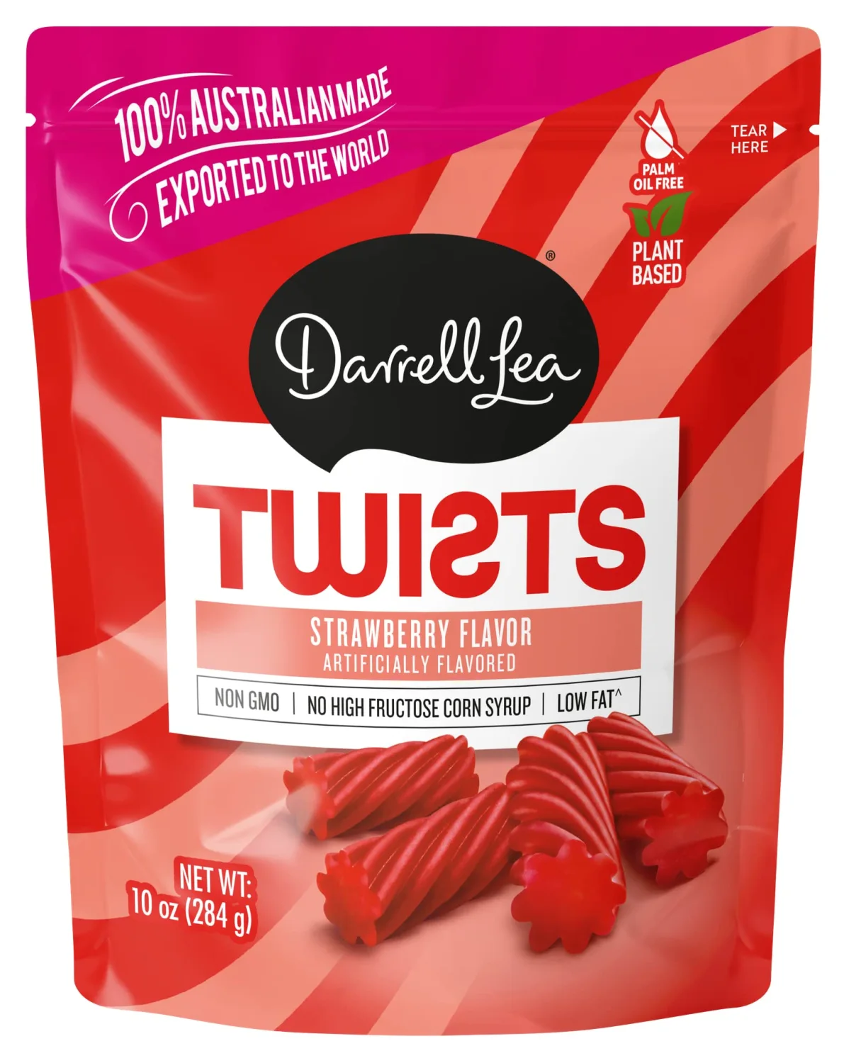Darrell Lea Twists Australian Licorice, Strawberry Flavor, 10 Ounce Bag (1-Pack) | Non-GMO, No Palm Oil, Plant Based, Low Fat, No High Fructose Corn Syrup | Soft & Chewy Licorice Candy