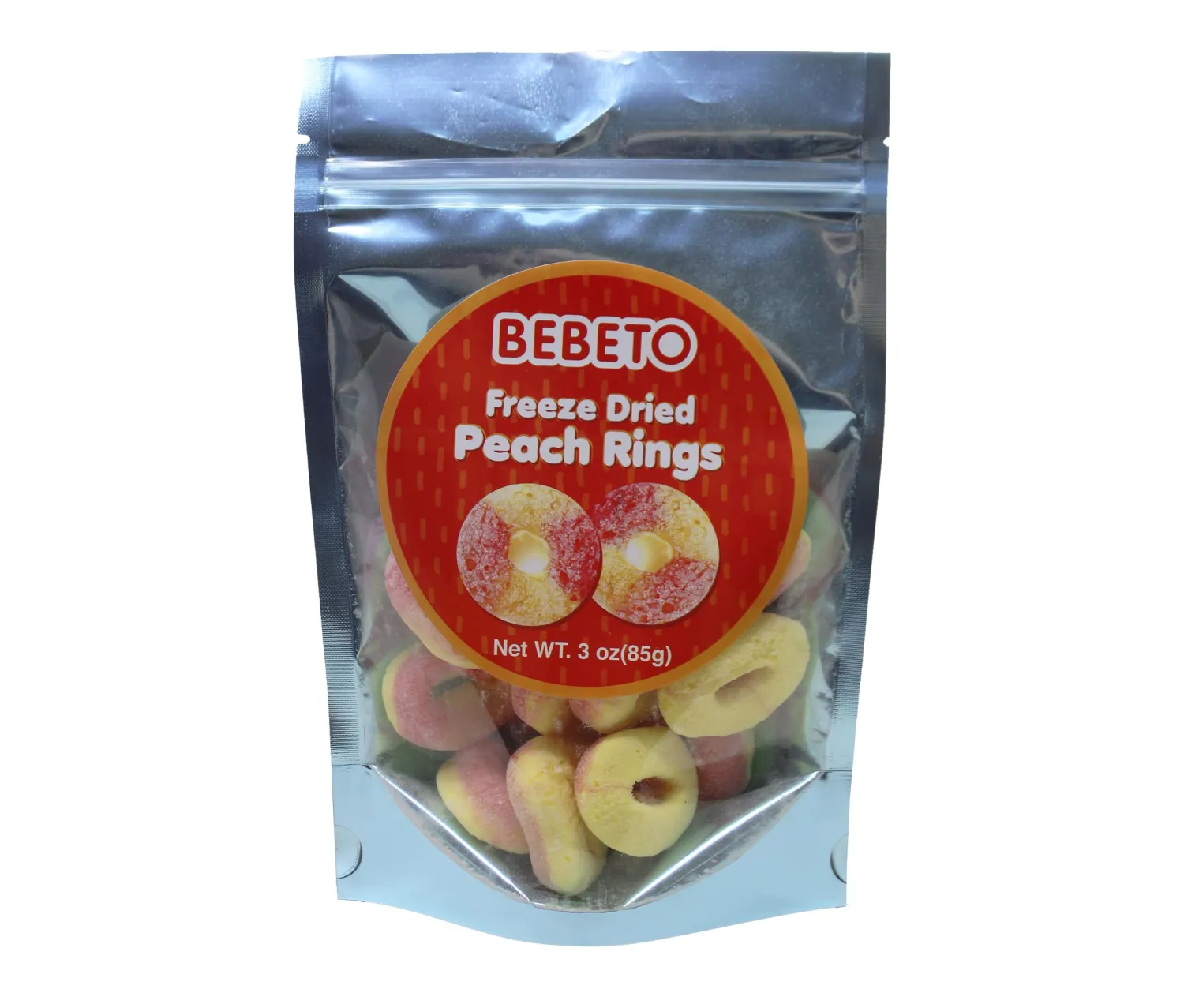 Bebeto Freeze Dried Crunchy Peach Rings - Sweet, Crunchy Fat Free & Peanut Free Freeze Dried Candy - No High Fructose Corn Syrup - Resealable Bag Halal Freeze Dried Gummy Candy - 3oz Pack - by Kervan