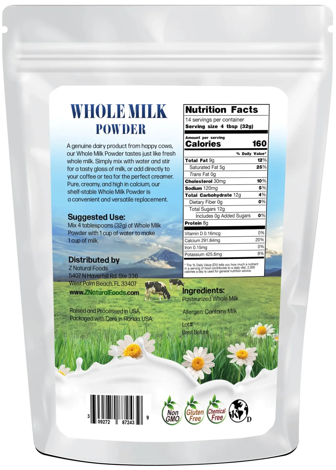 Z Natural Foods Premium Whole Milk Powder - Powdered Milk for Baking, Cooking, Drinks - Dry Milk Powder, Pasteurized, Non-GMO, Gluten-Free, Kosher-Certified, 1 lb