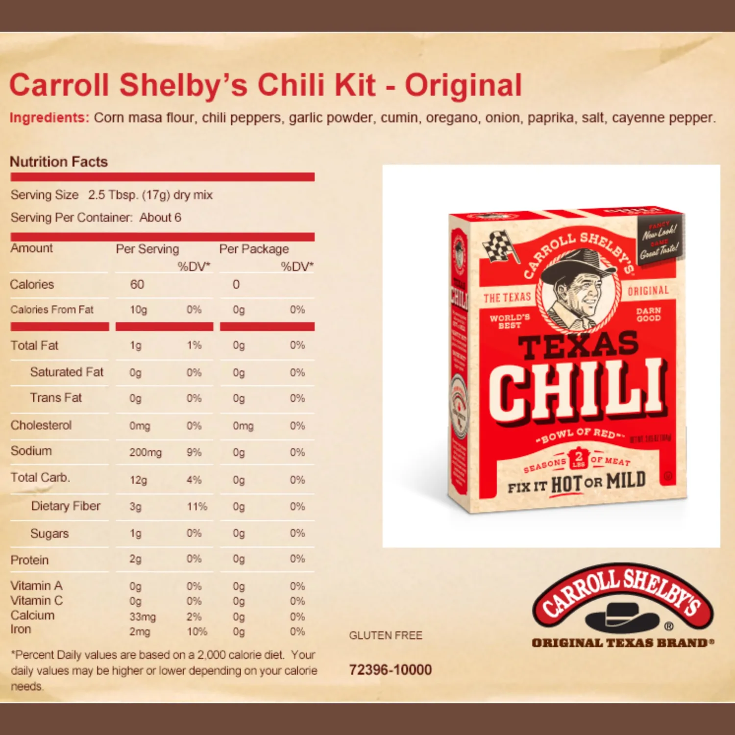 Carroll Shelby's Original Texas Brand Chili Kit 3.65oz Box (Pack of 8)