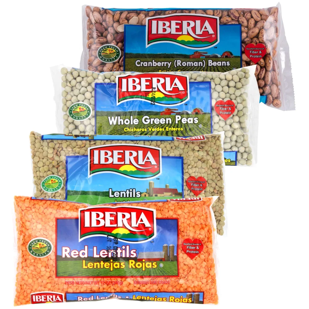 Iberia Dry Beans Variety Pack: Dry Lentils 12 oz, Red Lentils 12 oz, Roman Cranberry Beans 12 oz, Whole Green Peas 12 oz