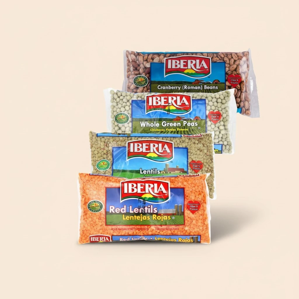 Iberia Dry Beans Variety Pack: Dry Lentils 12 oz, Red Lentils 12 oz, Roman Cranberry Beans 12 oz, Whole Green Peas 12 oz