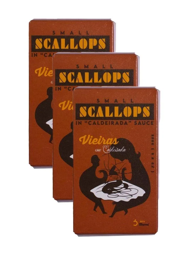 Spanish Small Scallops Canned in Caldeirada Sauce | B Vitamins, Omega-3 | Tinned Seafood by Ati Manel | 3 x 110g Can