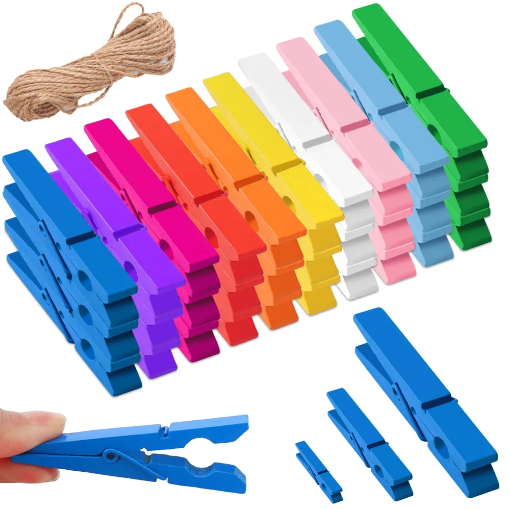 100PCS Colored Wooden Clothespins, 2.9inch 1.35inch 1inch 10 Color Clothes Pins for Clip Pictures Photos Decorative, Small Colorful Wood Decoration Closepins Clips