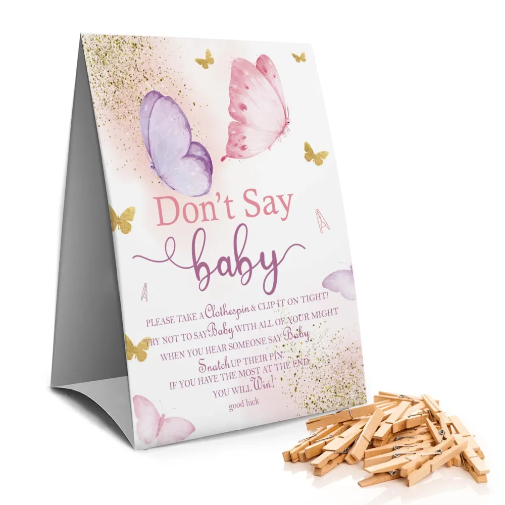 Don't Say Baby Clothespin Games Sign(1 Sign + 50 Mini Clothespins), Baby Shower Games, Butterfly, Gender Neutral Baby Shower