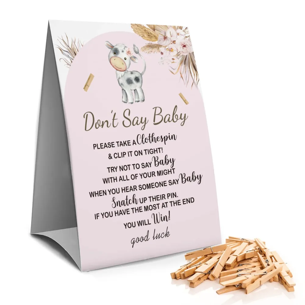 Don't Say Baby Clothespin Games Sign(1 Sign + 50 Mini Clothespins), Baby Shower Games, Bohemian Cow, Gender Neutral Baby Shower