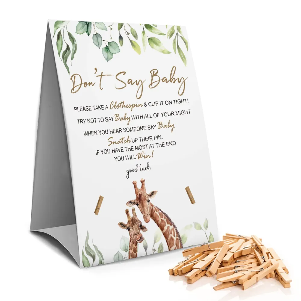 Don't Say Baby Clothespin Games Sign(1 Sign + 50 Mini Clothespins), Greenery Giraffe Baby Shower, Gender Neutral Baby Shower