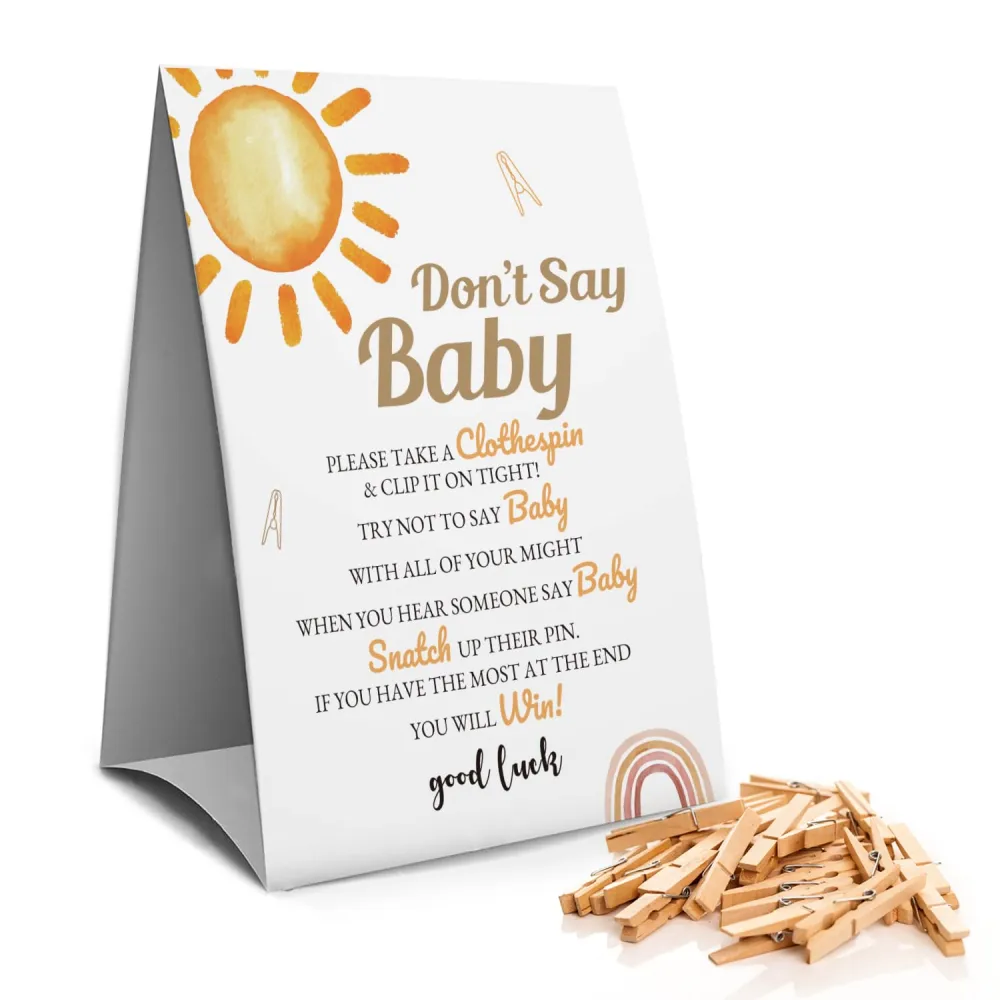 Don't Say Baby Clothespin Games Sign(1 Sign + 50 Mini Clothespins), Here Comes the Sun Baby Shower Games, Gender Neutral Baby Shower