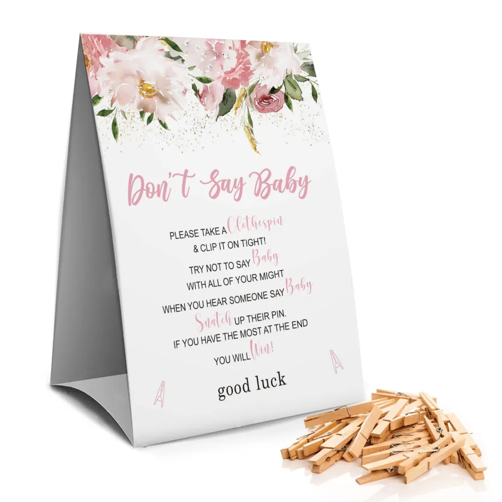 Don't Say Baby Clothespin Games Sign(1 Sign + 50 Mini Clothespins), Girl Floral Baby Shower Games, Gender Neutral Baby Shower