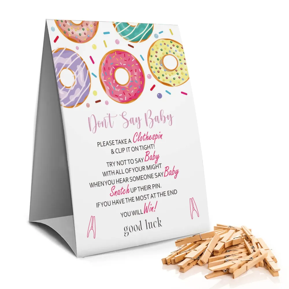 Don't Say Baby Clothespin Games Sign(1 Sign + 50 Mini Clothespins), Baby Shower Games, Donut, Gender Neutral Baby Shower