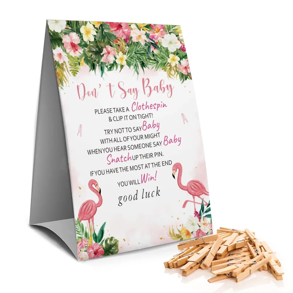 Don't Say Baby Clothespin Games Sign(1 Sign + 50 Mini Clothespins), Baby Shower Games, Floral Flamingo,Gender Neutral Baby Shower