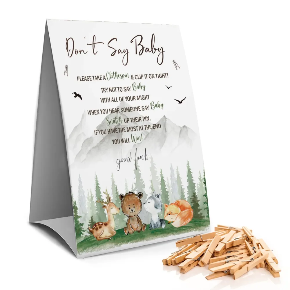 Don't Say Baby Clothespin Games Sign(1 Sign + 50 Mini Clothespins), Baby Shower Games, Woodland Animals, Gender Neutral Baby Shower