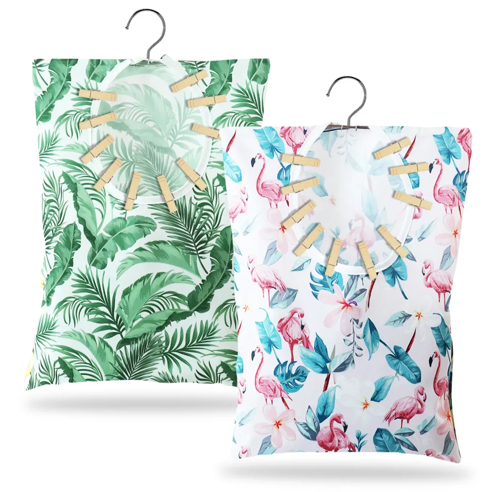 2 Pcs Flamingo Clothes Pin Bag Summer Clothespin Bag Holder Palm Leaves Clothespin Holder 15 X 11 Inch Clothes Pin Hanging Bag Clothespin Bag for Clothesline Outdoor Outside Wardrobe and Laundry Room