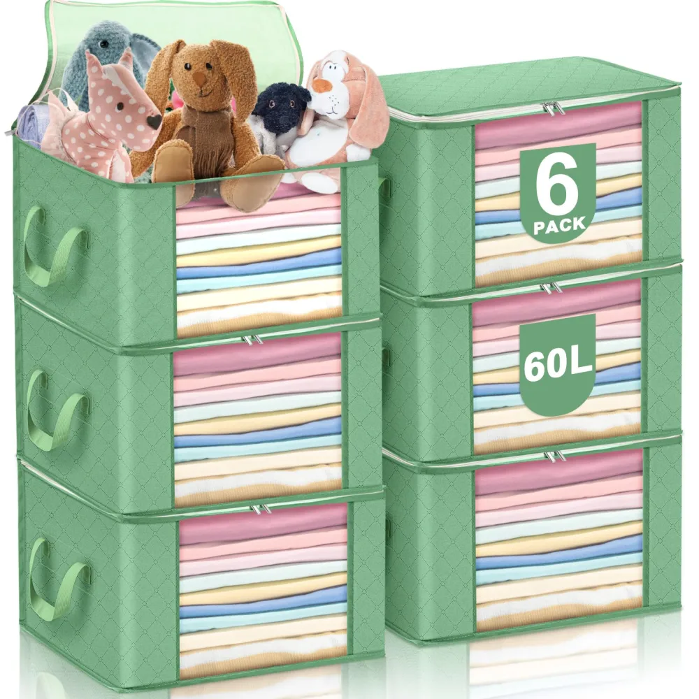 6 Pack 60L Large Pastel Storage Bag Foldable Storage Bins Container with Handle Zipper Organized Stuffed Toys Seasonal Clothes Bed Blanket Sheet Pillow for Kids Room(Green)