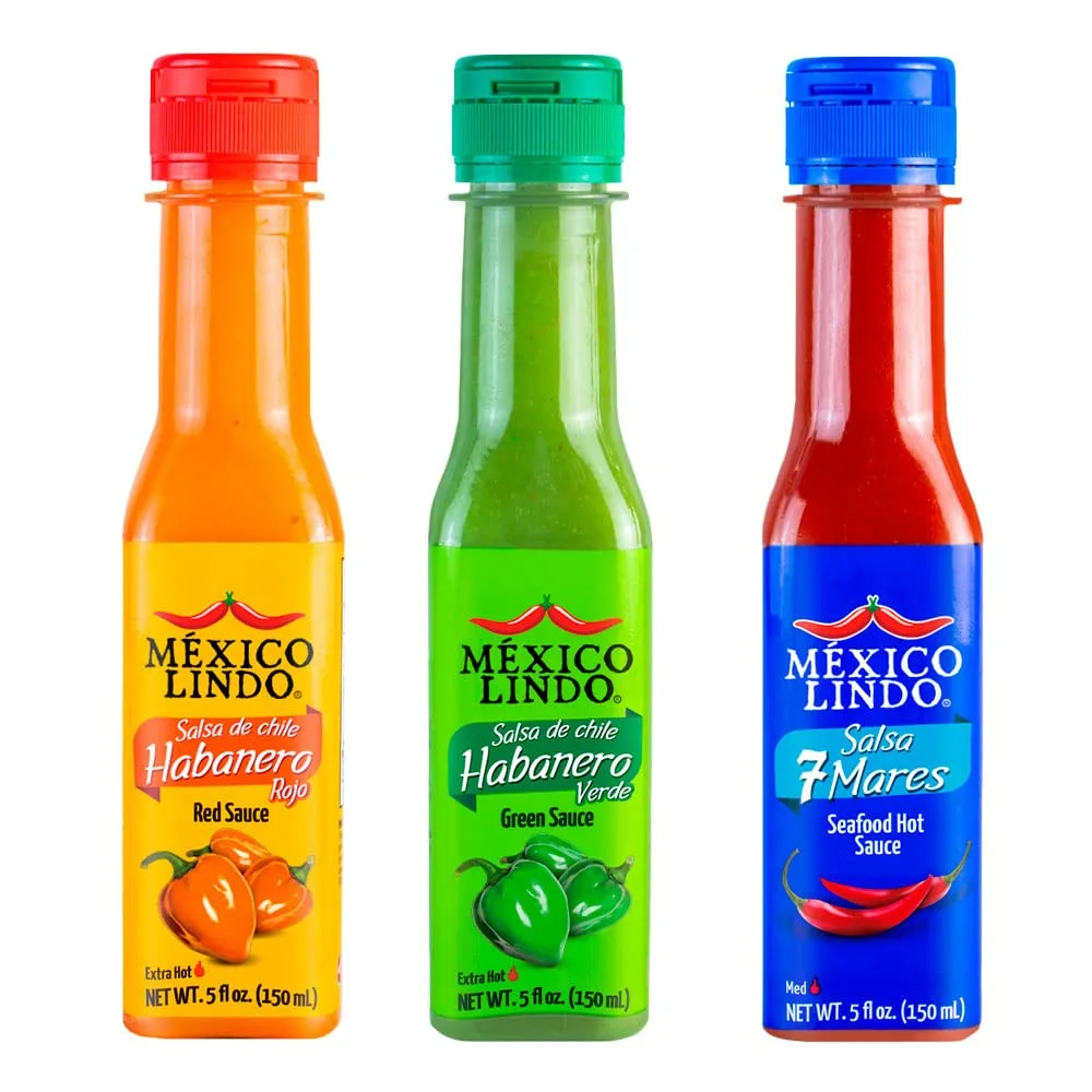 Mexico Lindo Hot Sauce Variety Pack | Includes One Red Habanero, One Green Habanero & One 7 Mares Hot Sauces | 5 Fl Oz Bottles (Pack of 3)