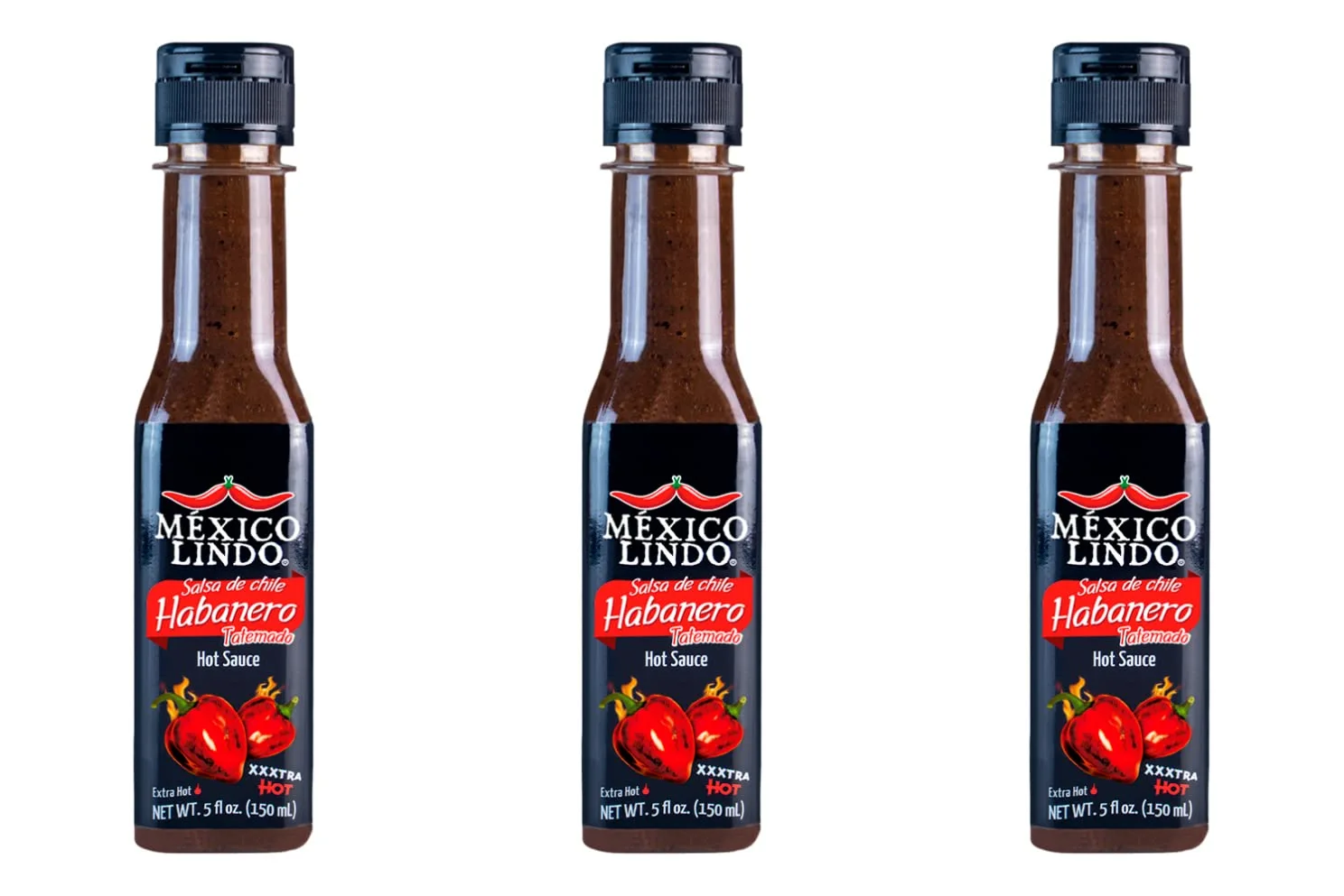 Mexico Lindo Habanero Hot Sauce Xxxtra Hot | 83,200 Scoville Level | Mix of Habanero, Tatemados & Spices | Perfect for Quesadillas, Soups & Nachos | 5 Fl Oz Bottles (Pack of 3)