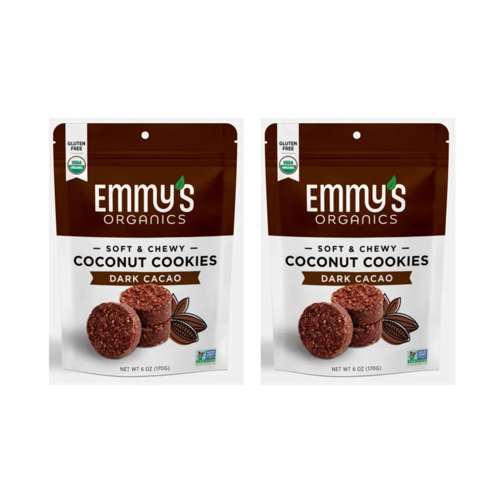 Emmy's Organics Dark Cacao Coconut Cookies (Pack of 2) | Gluten-Free, Organic, Vegan, Paleo-Friendly